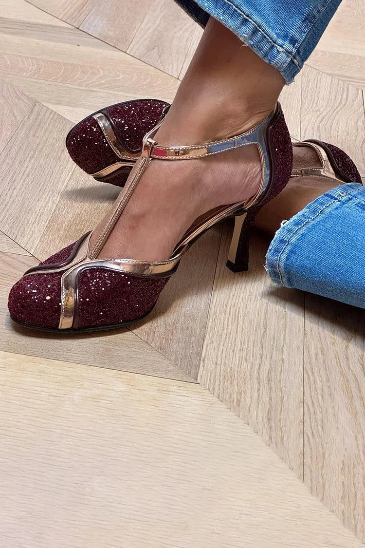 MIRANDA | KOLOROWE BLOKI NAALDHAKKEN Z T-STRAP I BORDEAUX GESP
