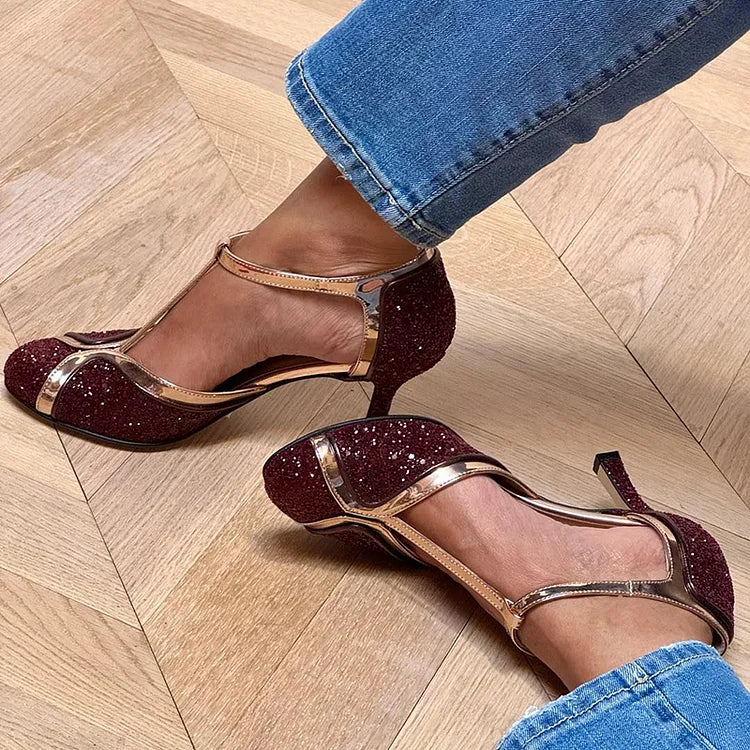MIRANDA | KOLOROWE BLOKI NAALDHAKKEN Z T-STRAP I BORDEAUX GESP