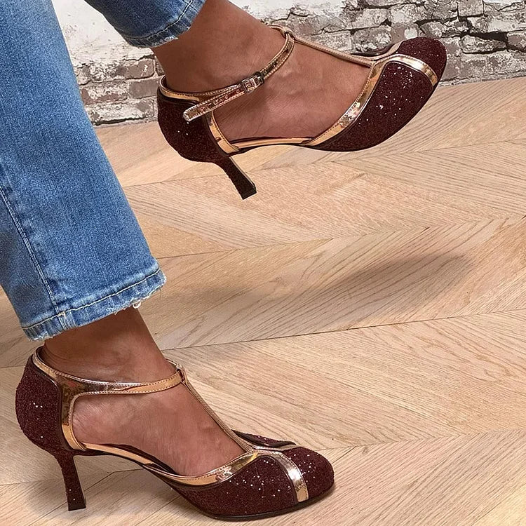 MIRANDA | KOLOROWE BLOKI NAALDHAKKEN Z T-STRAP I BORDEAUX GESP