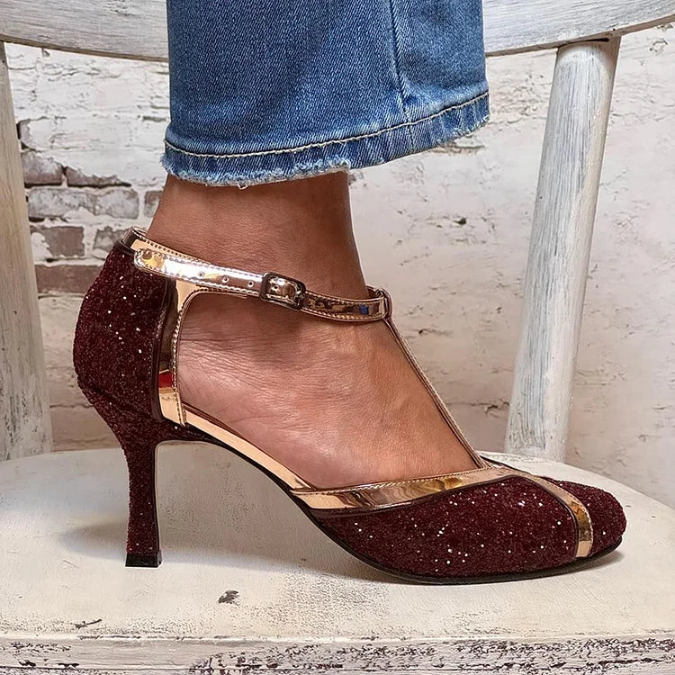 MIRANDA | KOLOROWE BLOKI NAALDHAKKEN Z T-STRAP I BORDEAUX GESP