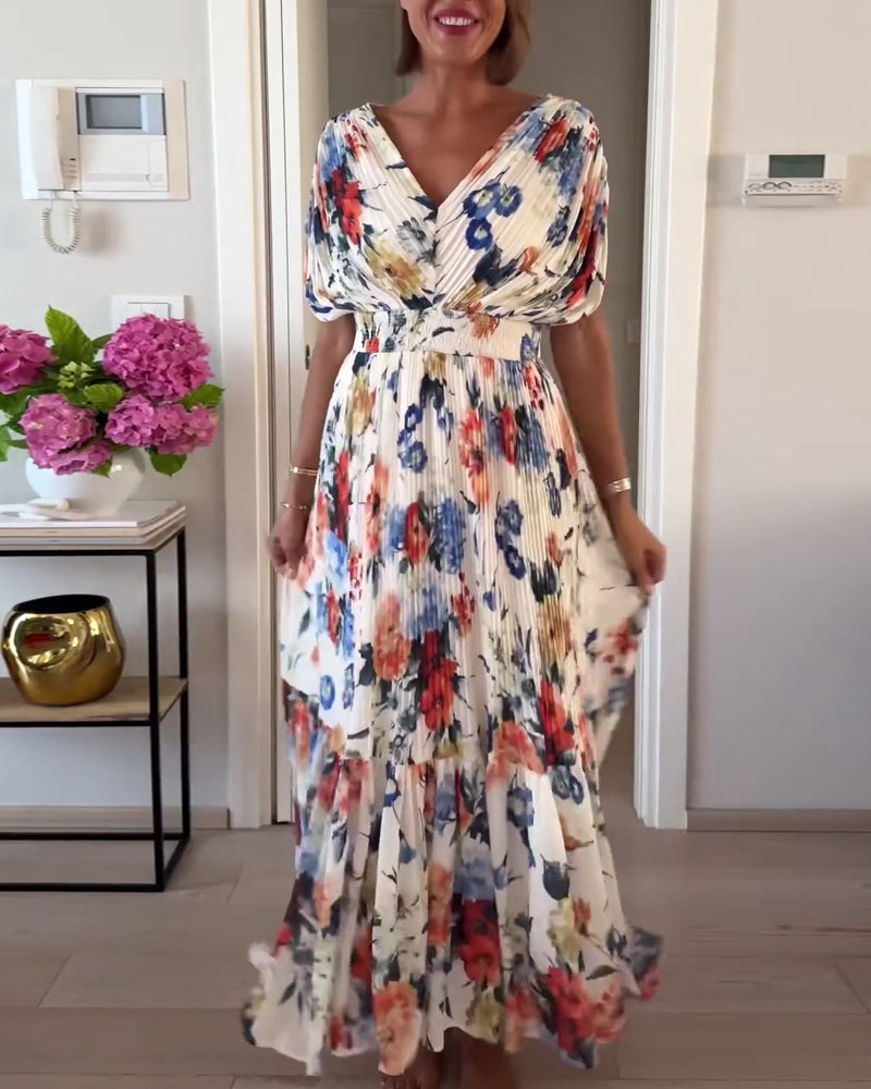 Carrie | Miękka Kwiatowa Sukienka Maxi z Dekoltem w Serek