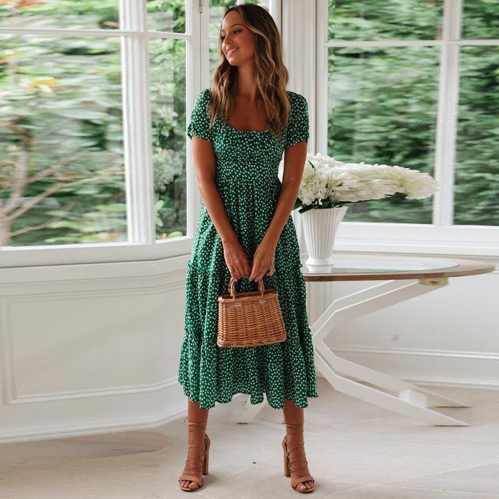 Charlie™ Boho Zielona Midi Sukienka z Bufiastymi Rękawami