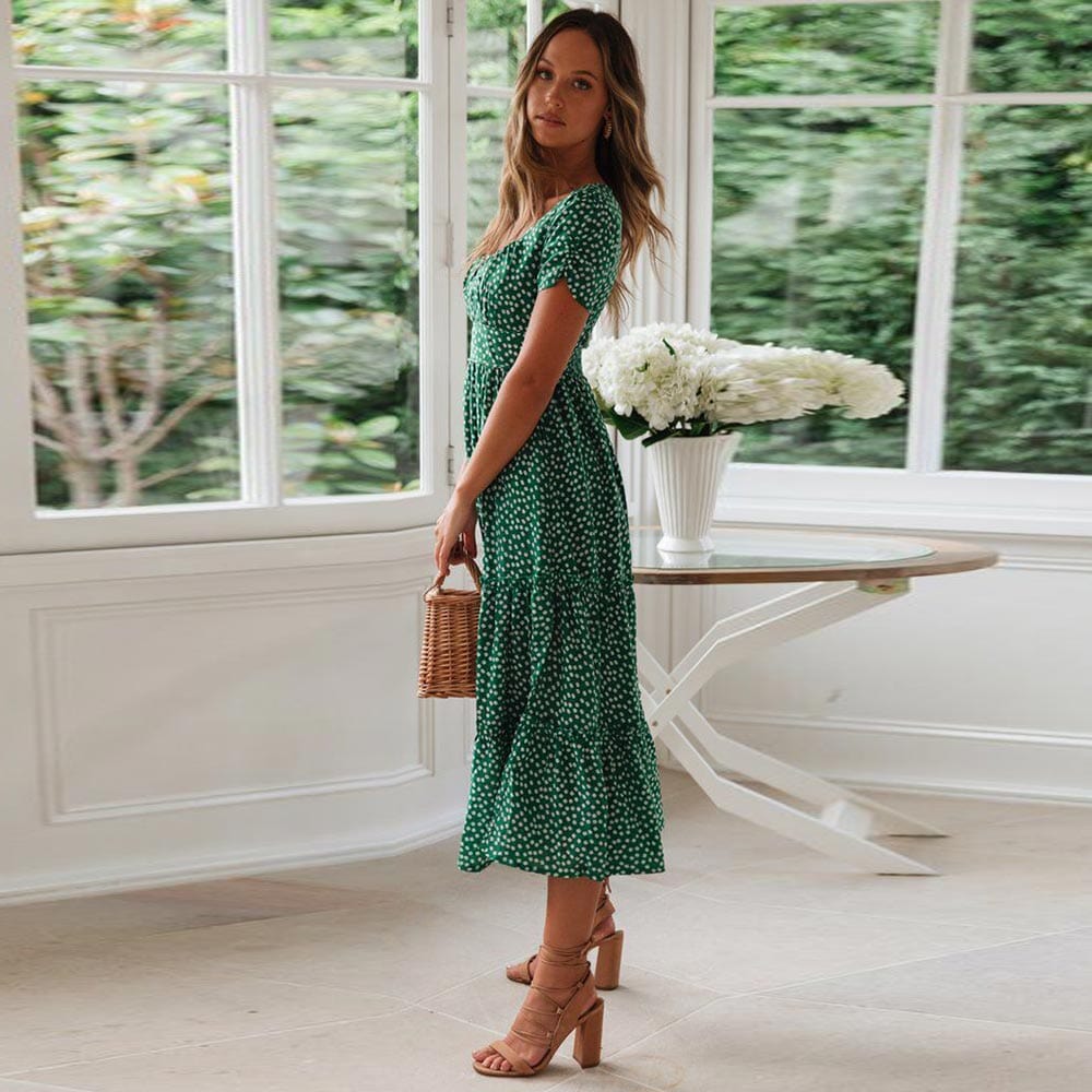 Charlie™ Boho Zielona Midi Sukienka z Bufiastymi Rękawami