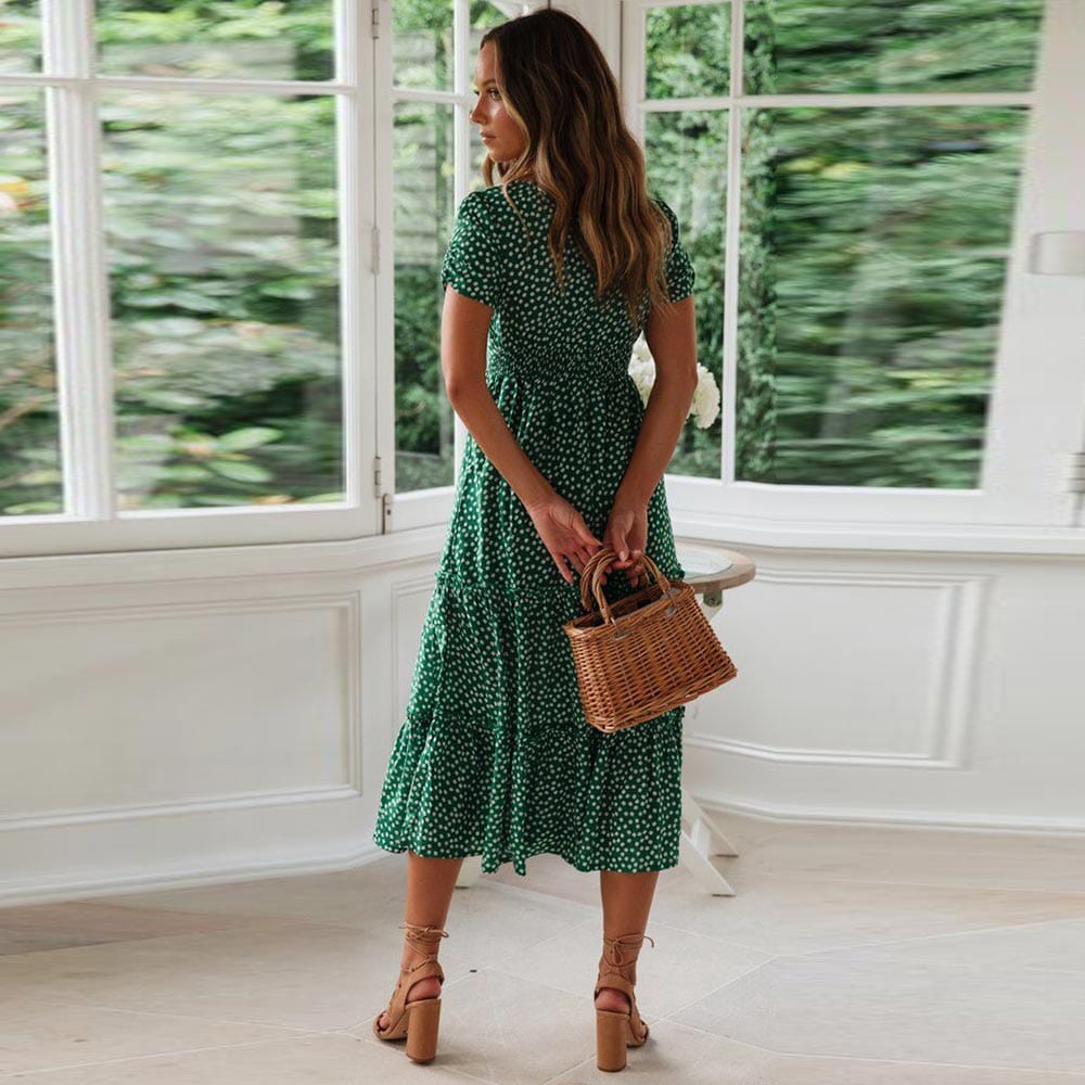 Charlie™ Boho Zielona Midi Sukienka z Bufiastymi Rękawami