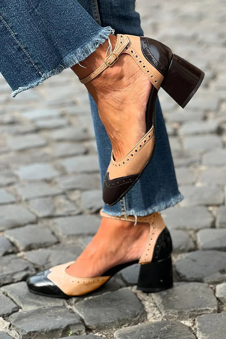 TESSA | KHAKI KOLOROWE PANTOFLE PATCHWORK Z PASKIEM I KLAMRĄ