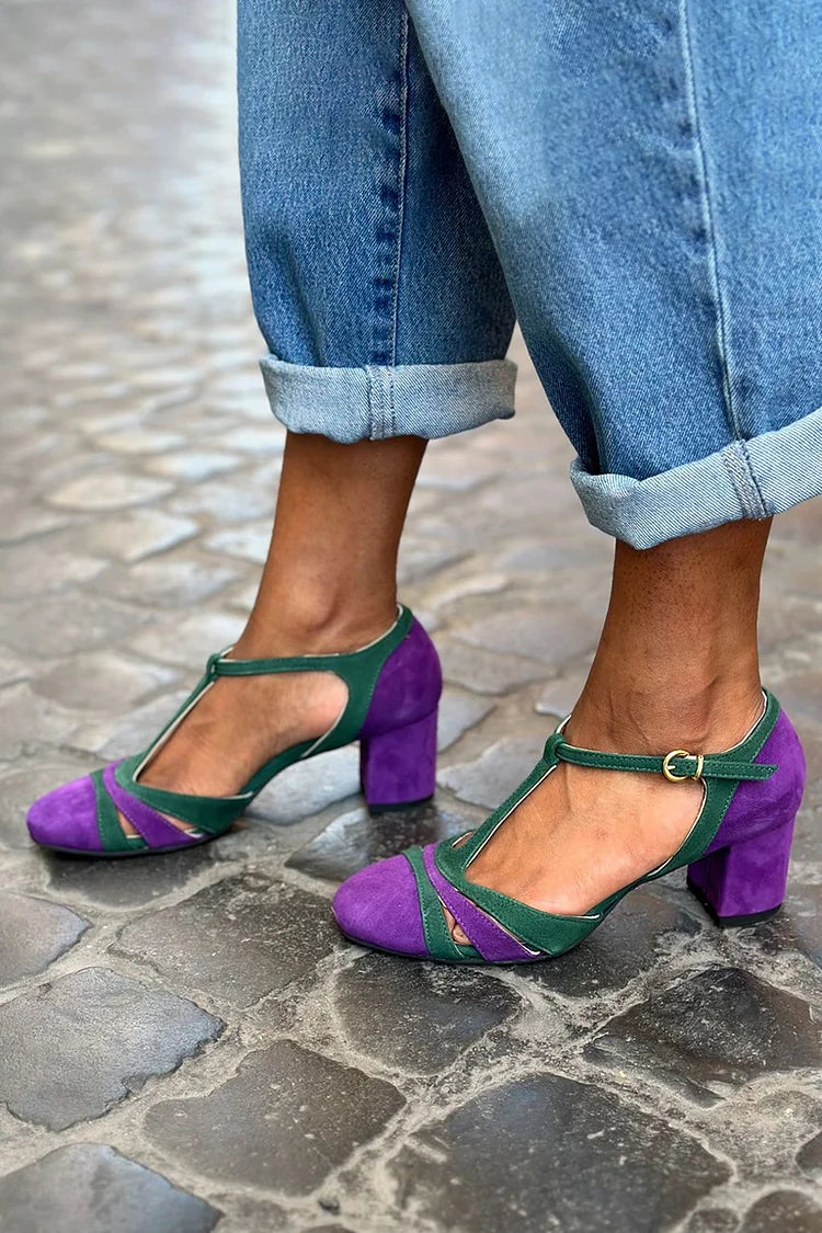 ELISE | WYSOKIE OBCASY Z T-STRAP, ZAPINANE NA KOLOROWY KLAMERKĘ I OKRĄGŁY PALCE