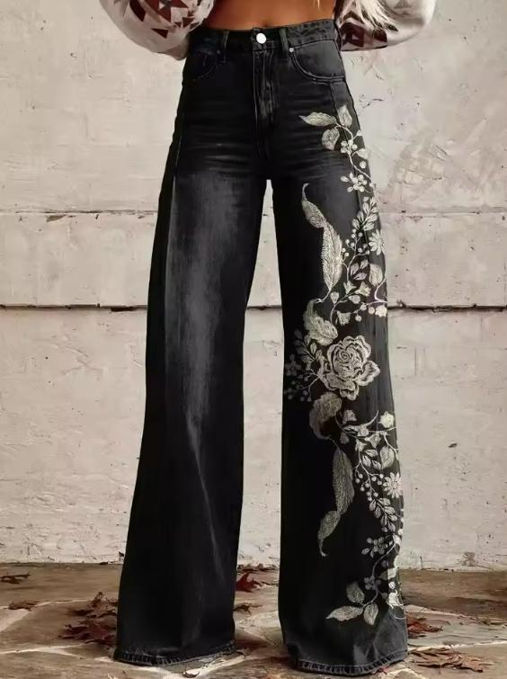 ECSLISSI | Vintage Czarne Kwiatowe Eleganckie Spodnie