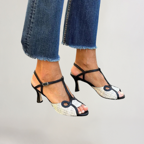 EMMA | Sandały PEEP-TOE NA WYSOKIM OBCASIE Z KONTRASTOWYM WZOREM I T-STRAP
