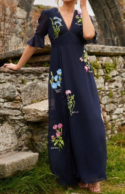 Maxine | Elegancka Sukienka z Haftowanym Niebieskim Kwiatem