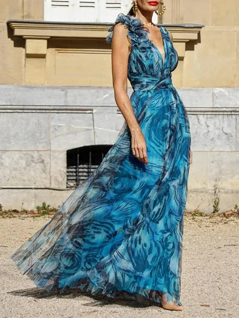 Lorena - Elegancka Sukienka Maxi bez Rękawów w Kwiaty