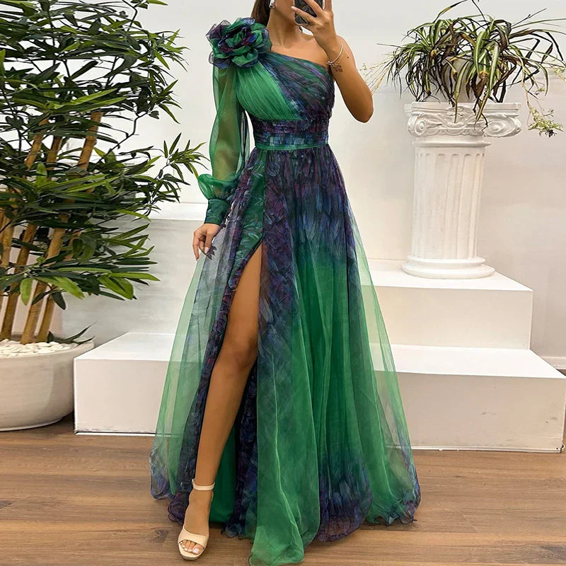 Judith - Modna Sukienka Maxi z Siatki na Jedno Ramię