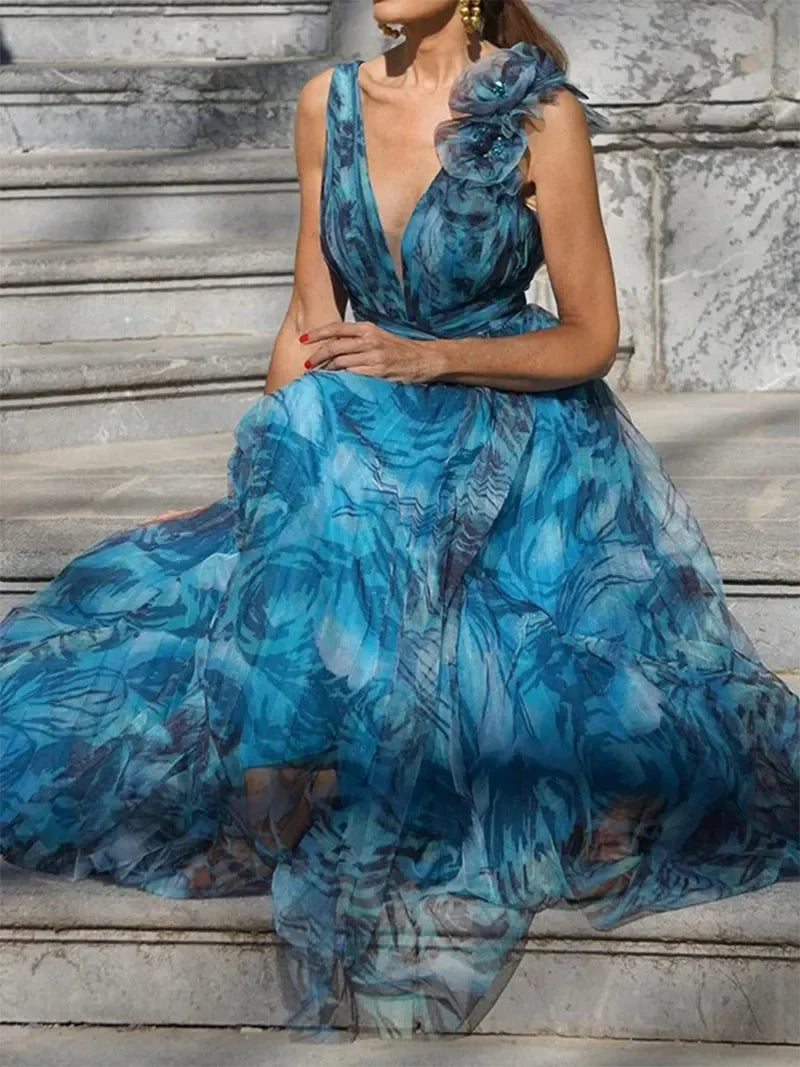 Lorena - Elegancka Sukienka Maxi bez Rękawów w Kwiaty