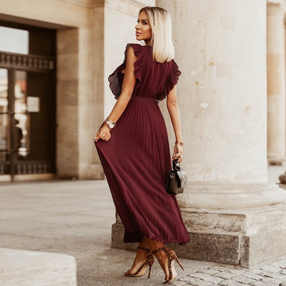 Elena™ Ciemno Czerwona Boho Festiwalowa Sukienka z Dekoltem w Serek