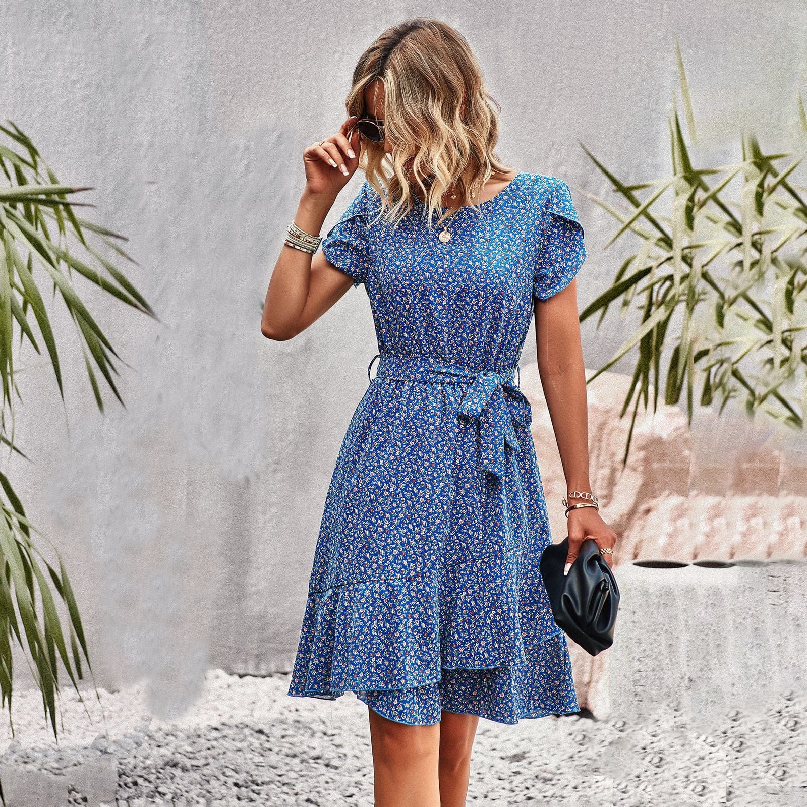 Maylea™ - Krótka Niebieska Sukienka Boho z Wzorem