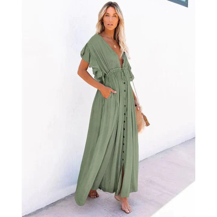 Puck™ - Maxi Zielona Sukienka Ibiza
