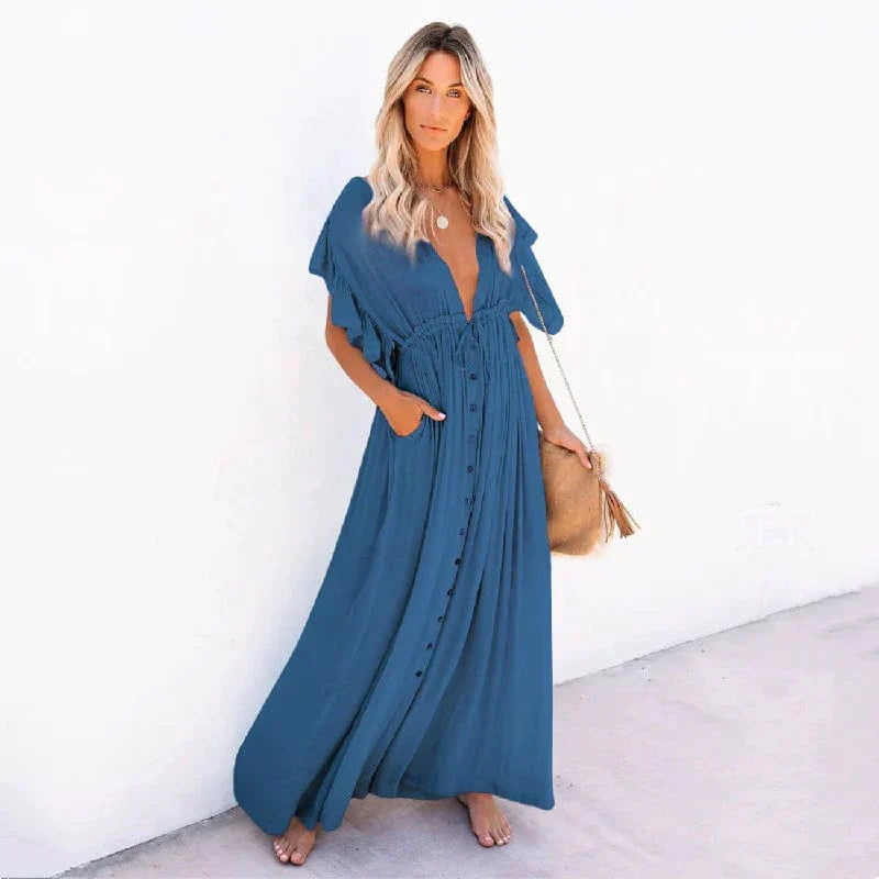 Anouk™ - Maxi Morska Niebieska Sukienka Plażowa Ibiza