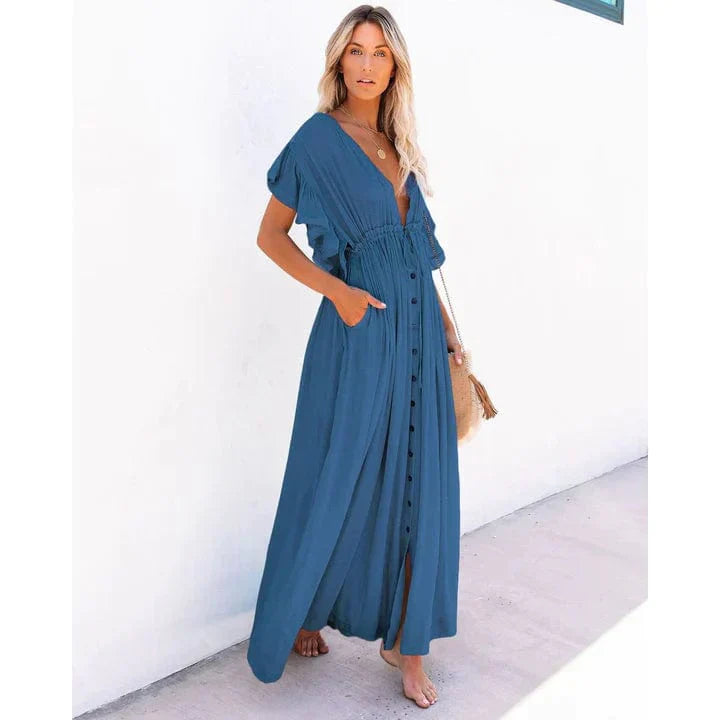 Anouk™ - Maxi Morska Niebieska Sukienka Plażowa Ibiza