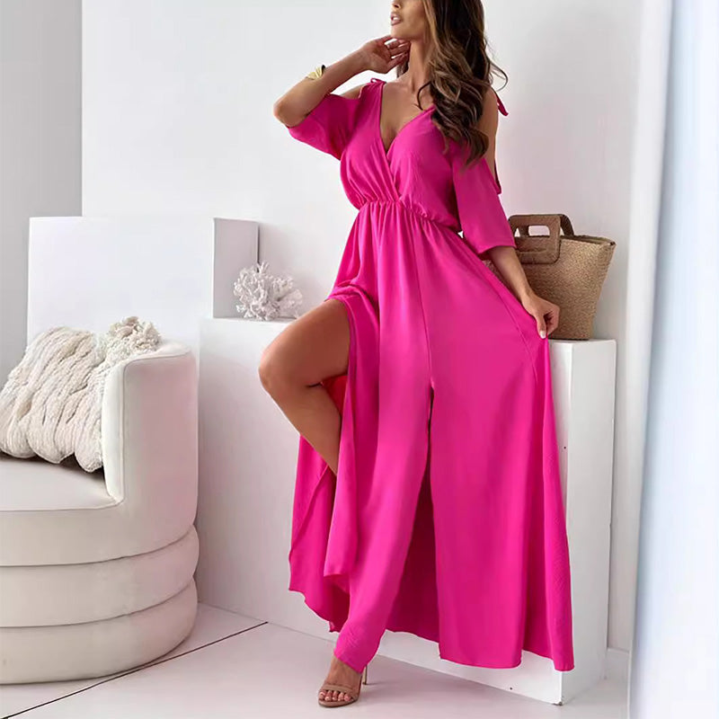 Billie - Modna Spódnica z Rozcięciem Sukienka Maxi z Dekoltem w Serek
