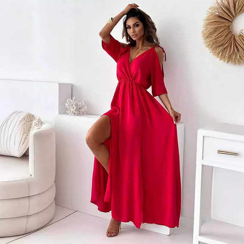 Billie - Modna Spódnica z Rozcięciem Sukienka Maxi z Dekoltem w Serek