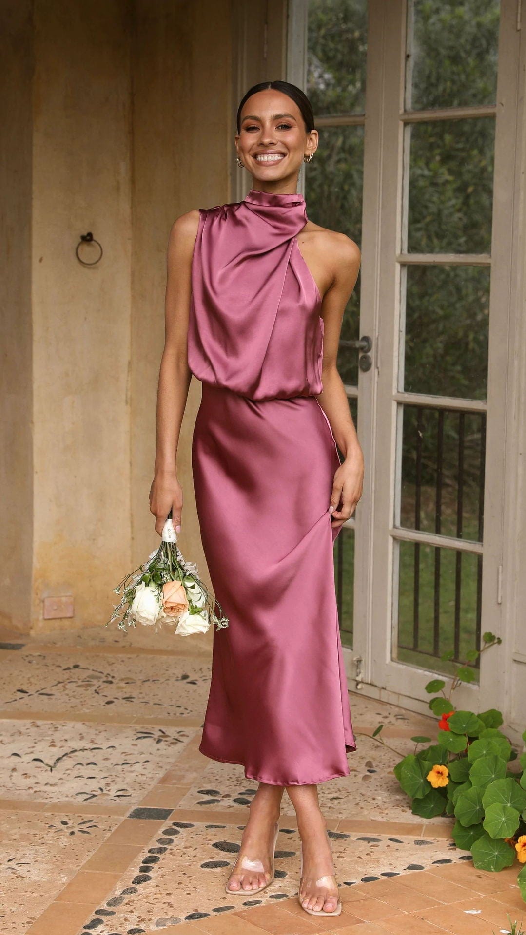 Rochella™ - Elegancka Satynowa Sukienka z Wysokim Kołnierzem Stary Róż